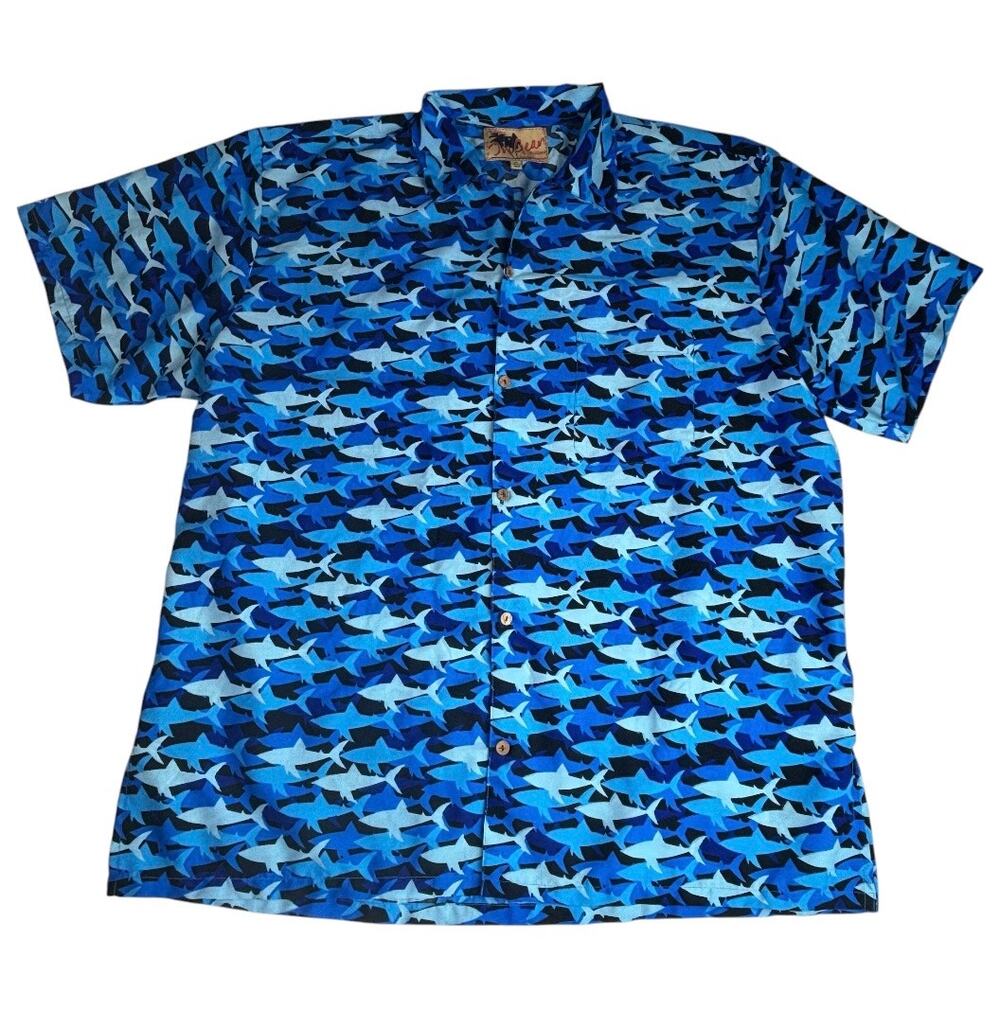 INGEAR Men's Blue Camo Shark Pattern Short-Sleeve Button-Down Hawaiian Shirt XL